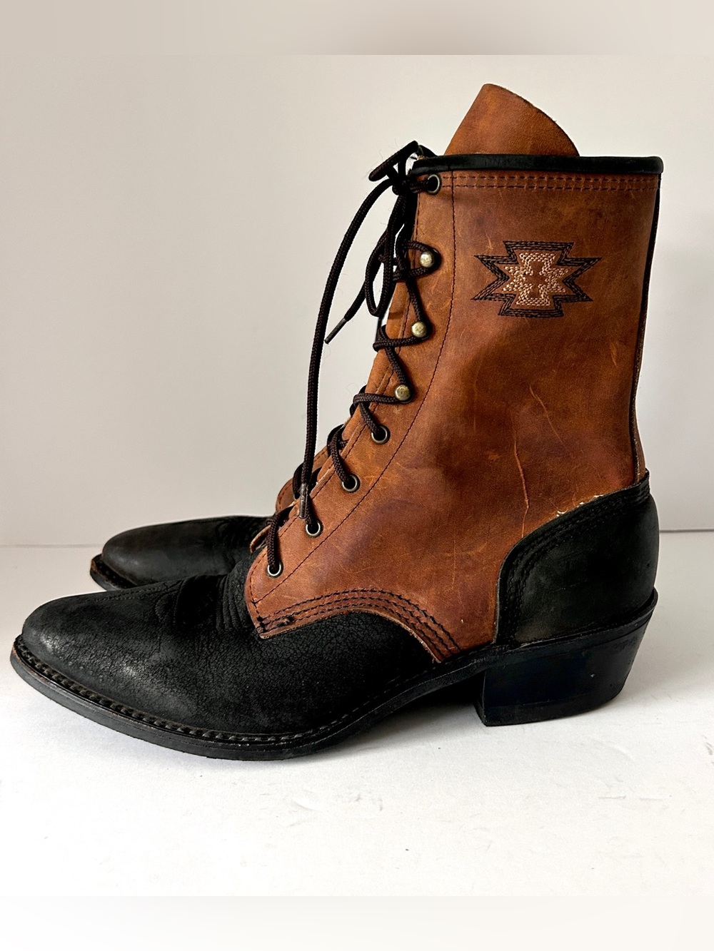 Vintage Abilene Packer Boots Two Tone Leather Western Lace Up Women's Size 9